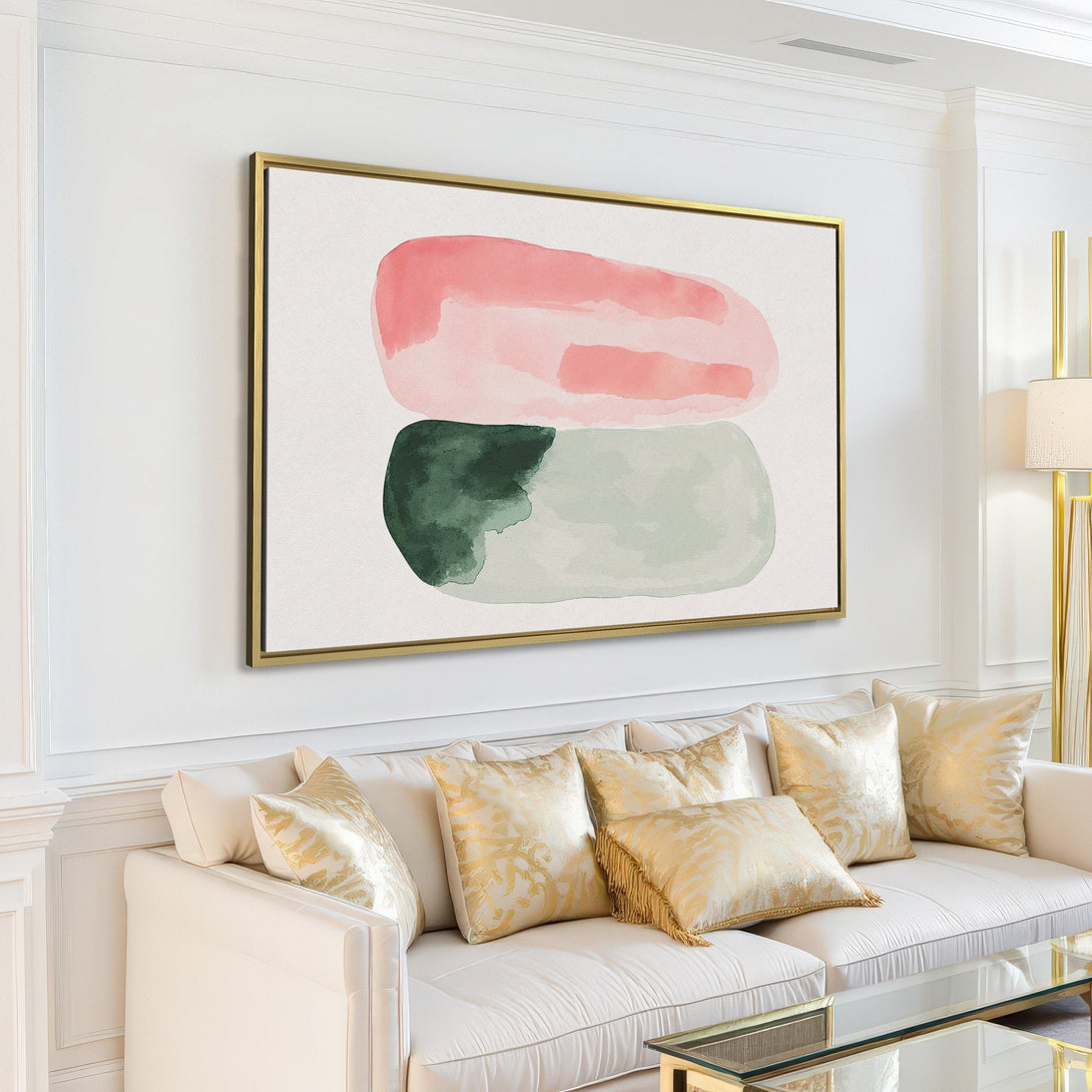 Canvas Print of abstract watercolor art in a modern living room. Features pink, green, and neutral tones. Perfect for minimalist decor.