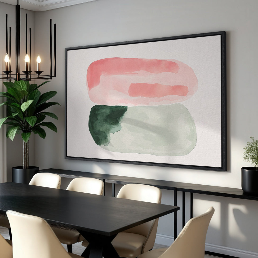 Framed Wall Art: Abstract watercolor art print in pink, green, and gray. Modern art canvas print for a stylish dining room.