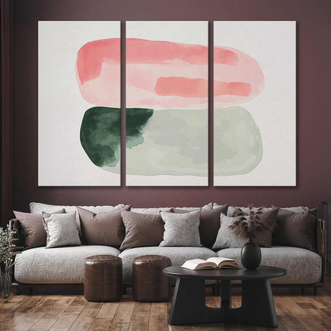 Abstract Canvas Print art in watercolor style, featuring pink, green, and neutral tones. Perfect for modern home decor and interior design.