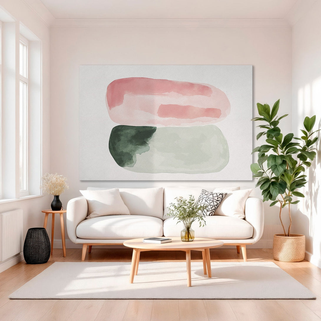 Framed Wall Art - Abstract watercolor art in pink, green, and neutral tones. Modern Canvas Print adds a touch of elegance to any interior.