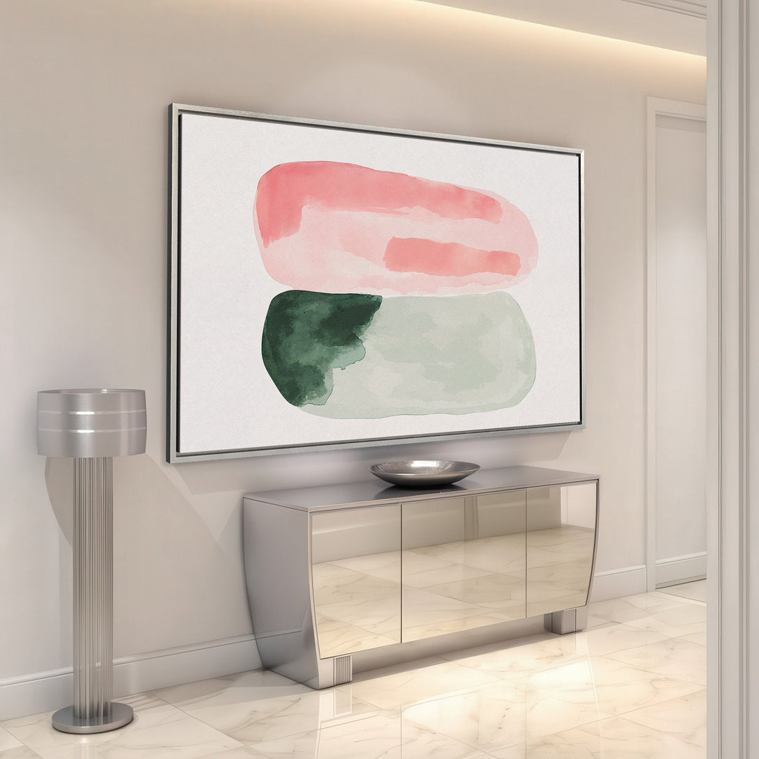 Framed Wall Art featuring abstract watercolor design in pink, green, and gray. Modern art canvas print to elevate your home decor.
