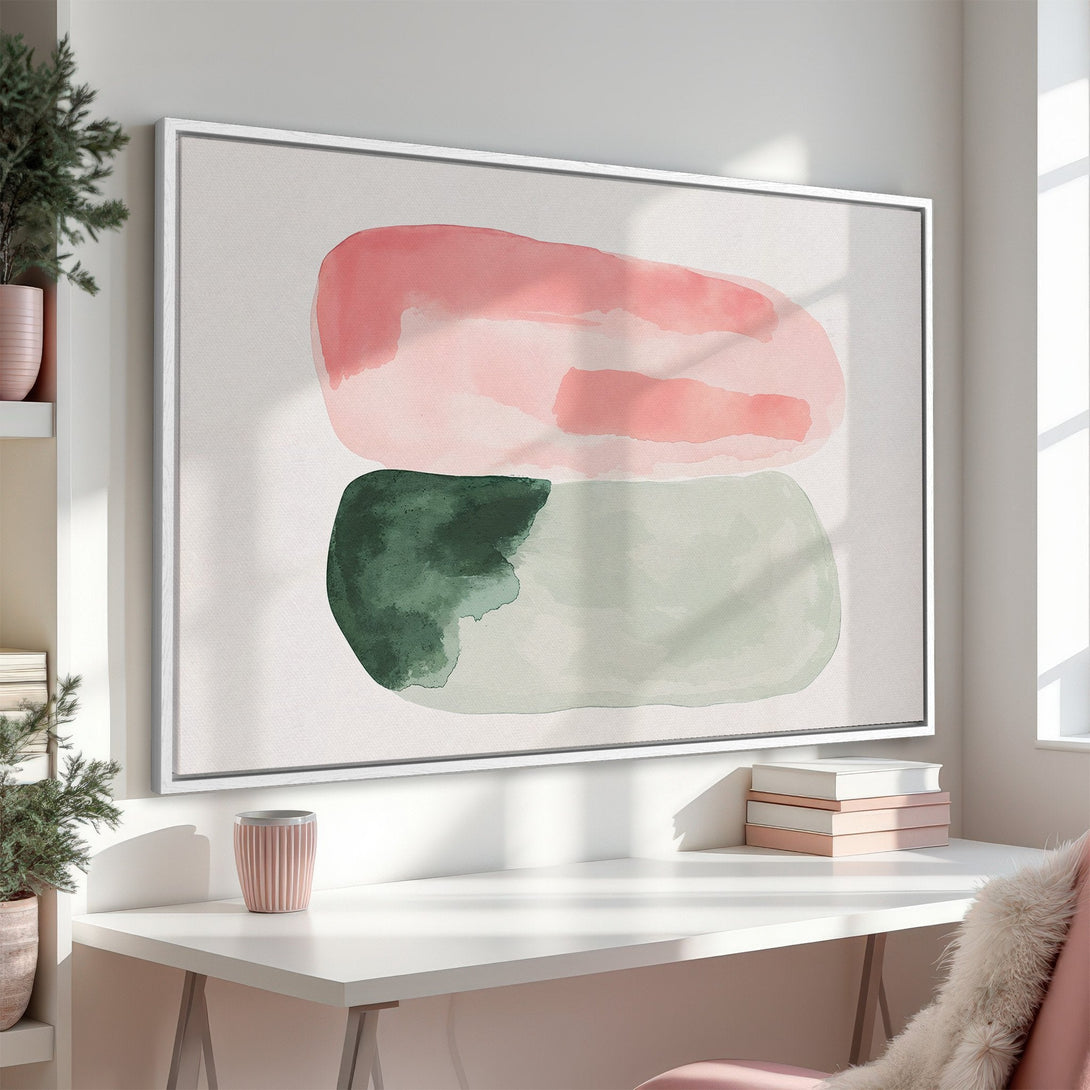Framed Wall Art featuring abstract watercolor shapes in pink, green, and neutral tones. Modern art perfect for adding a touch of elegance to any space.
