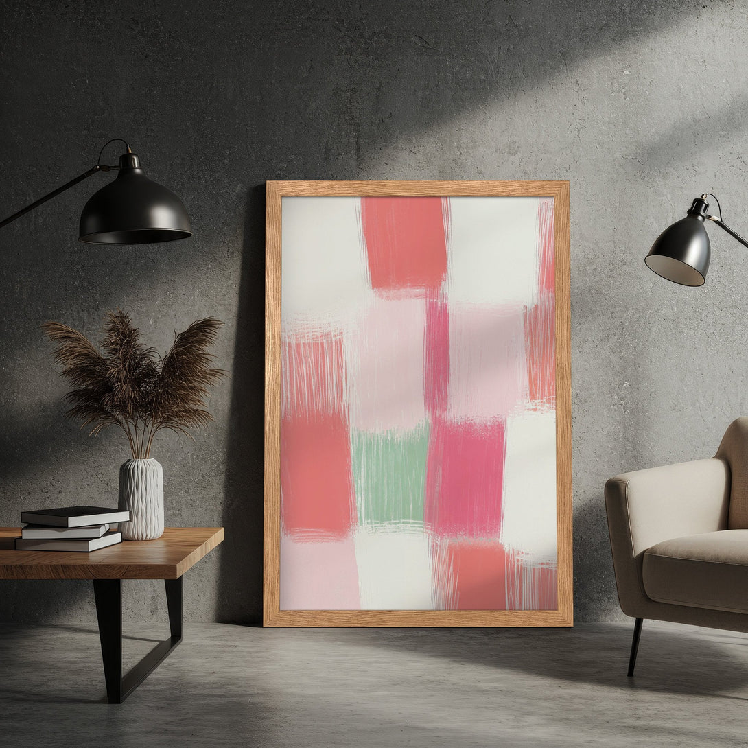 Framed Poster featuring abstract brushstroke art in a pink and green color palette, perfect for modern home decor.