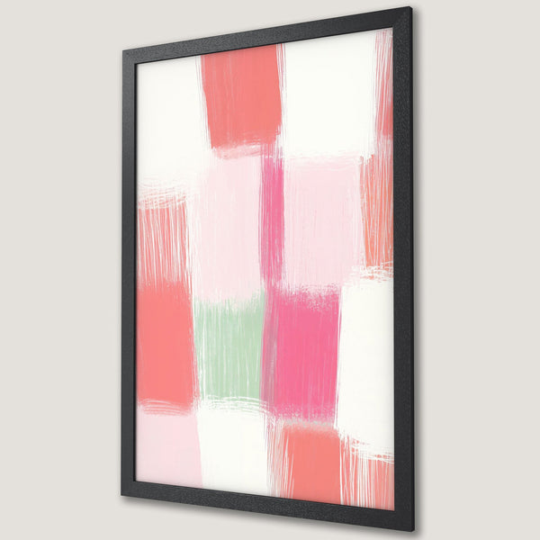 Framed Poster featuring abstract brushstroke art in pink, coral, and white. Modern wall decor for a stylish home.