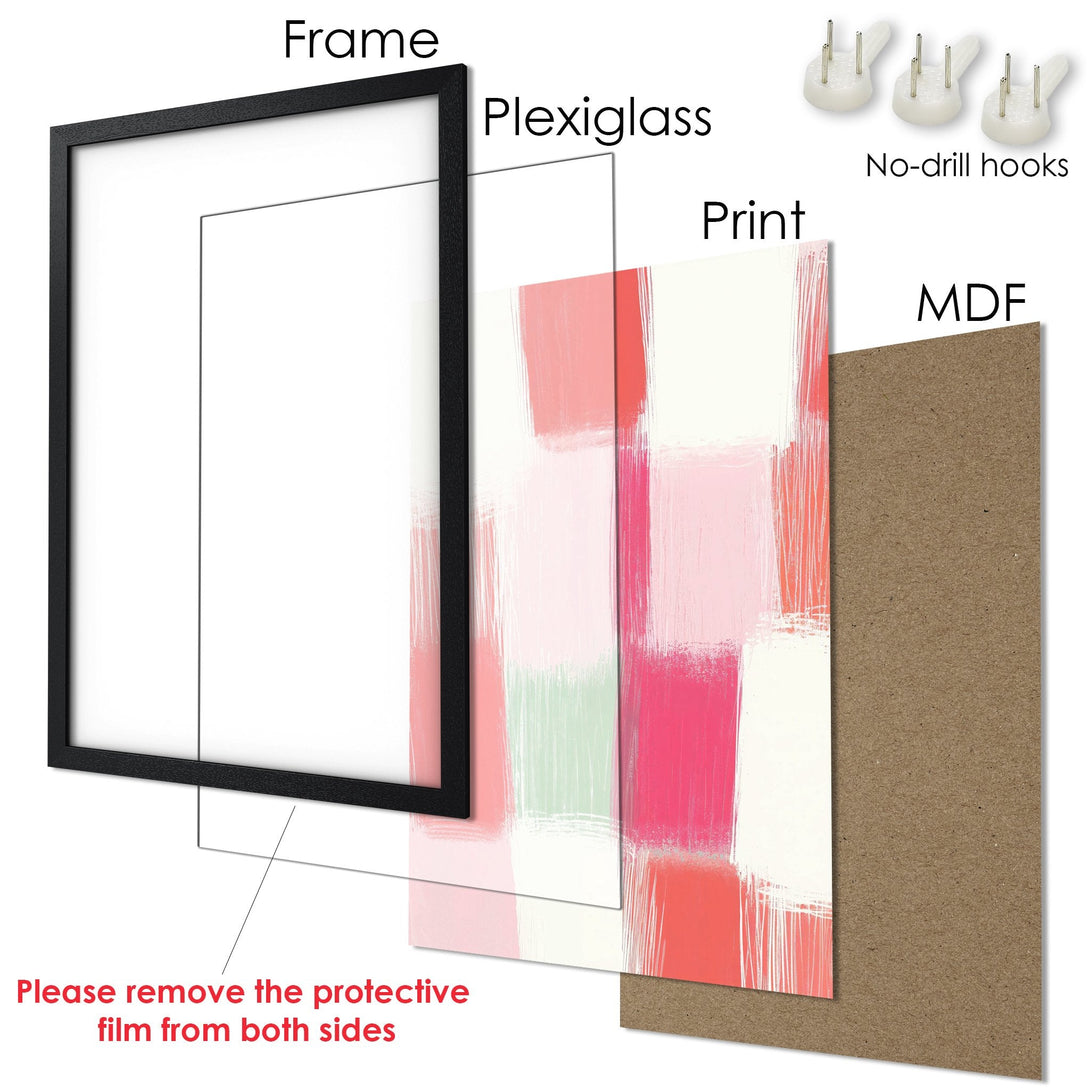 Framed Poster with abstract brushstroke art in pink, red, and white. Modern wall decor for your home.
