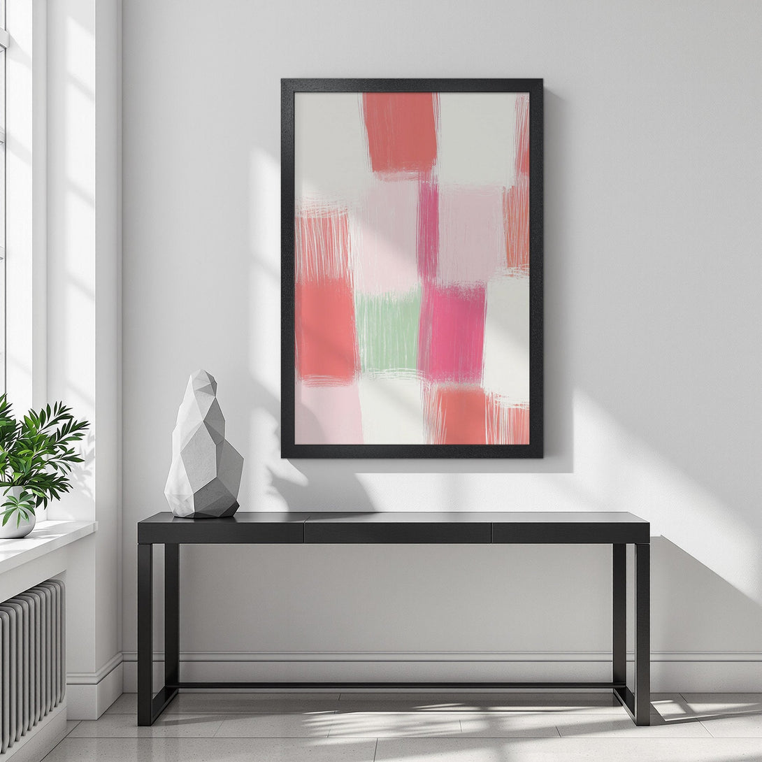 Framed Poster with abstract brushstroke art in pink, coral, and green hues. Modern wall art for a stylish home.