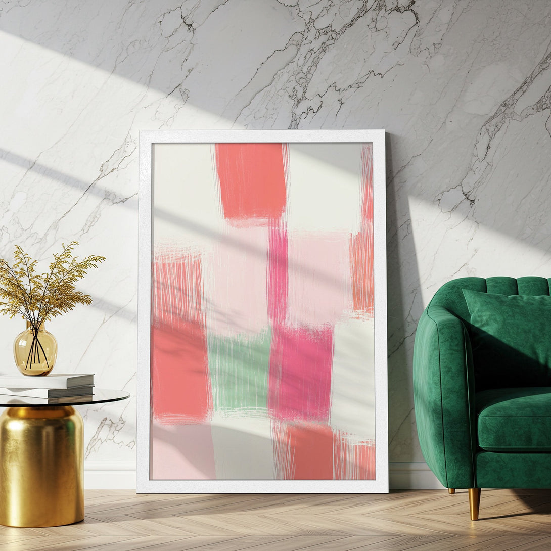 Framed Poster featuring abstract brushstrokes in a coral, pink, and green color palette. Modern art print for stylish home decor.