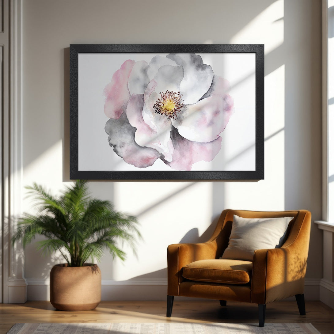 Framed Poster featuring a watercolor floral design in soft pink, gray, and white hues. Perfect for adding a touch of elegance to any space.