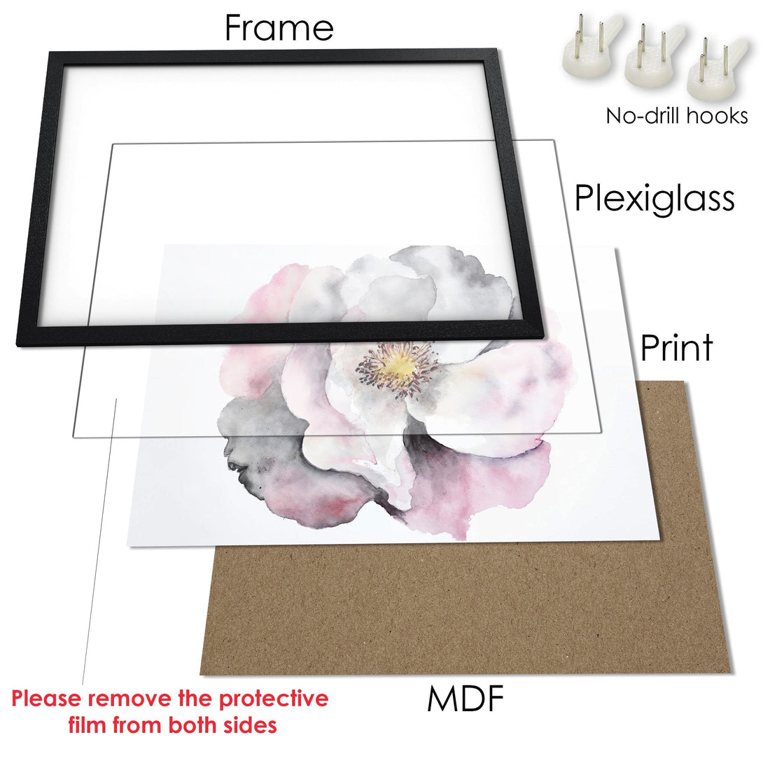 Framed Poster featuring a watercolor floral design in soft pink and gray hues. Perfect for adding a touch of elegance to your space.