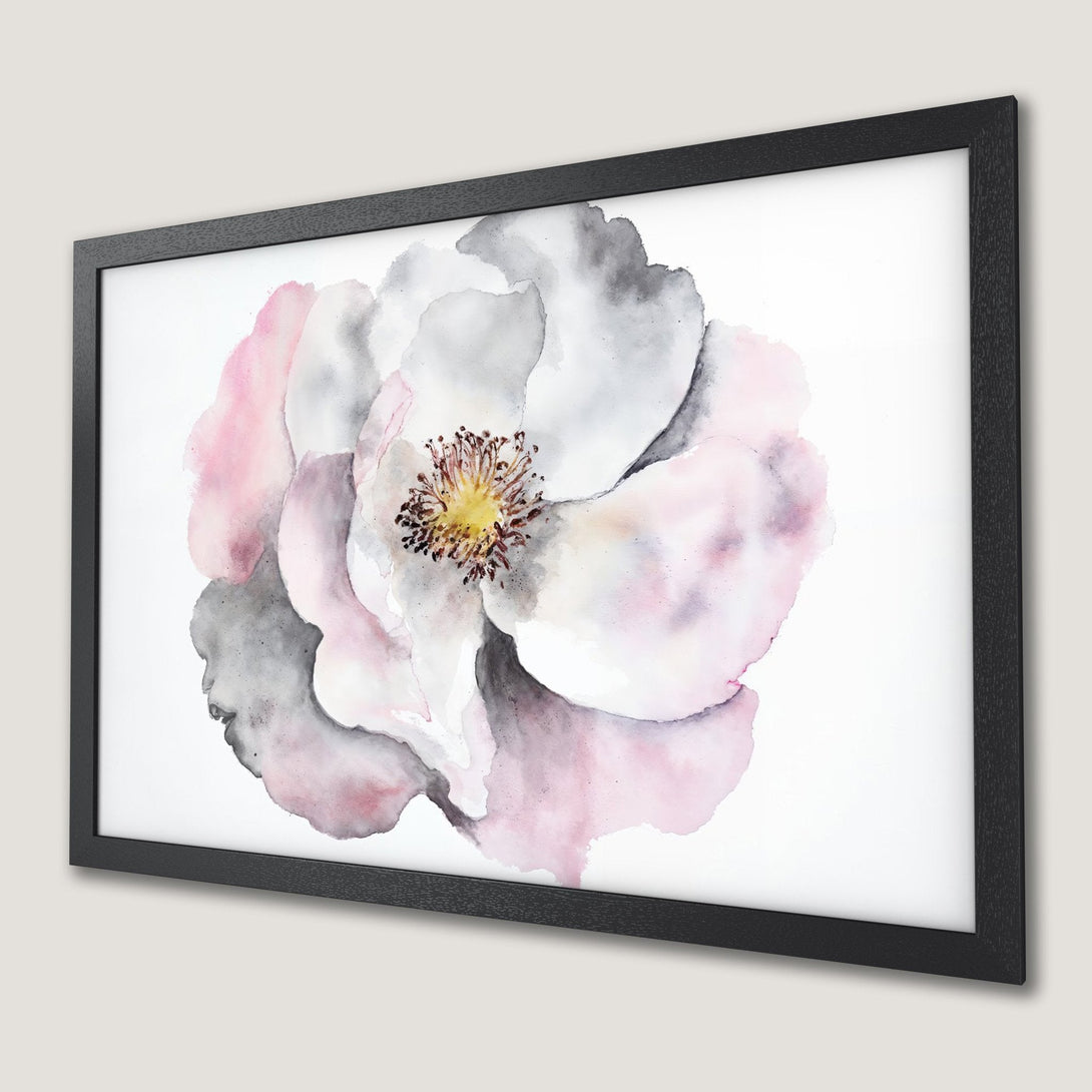 Framed Poster of a watercolor floral art print. Features a soft pink, gray, and white color palette. Perfect wall decor.