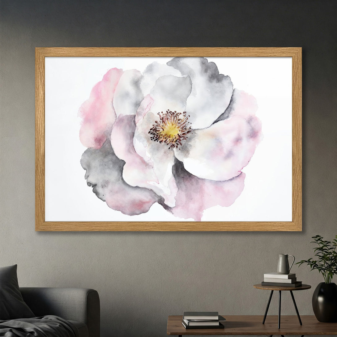Framed Poster featuring a watercolor flower art print in soft pink, gray, and white. Perfect for adding a touch of elegance to your space!