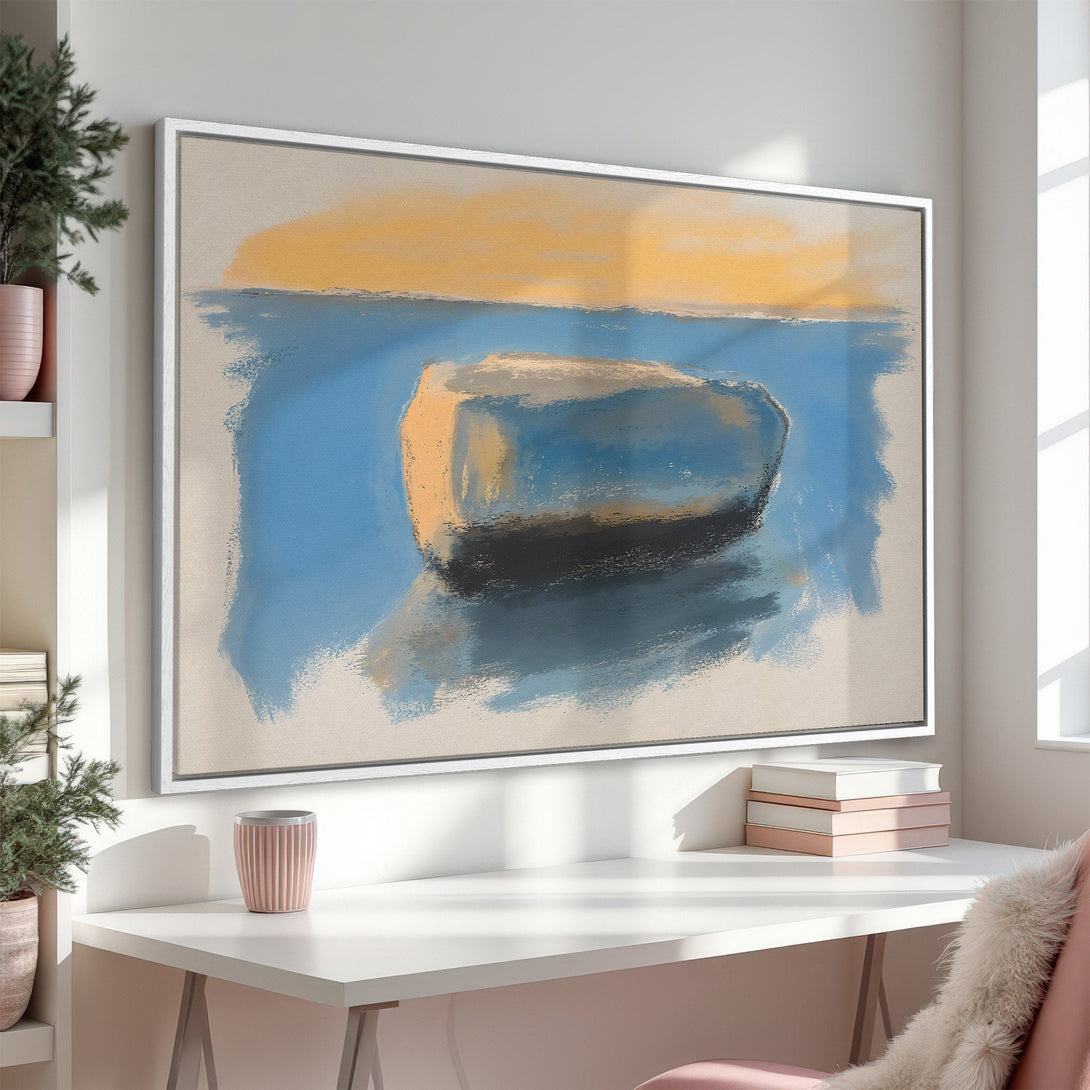 Framed Wall Art: Abstract boat painting in blue, yellow, and neutral tones. Modern art print perfect for adding a touch of coastal style to your home decor.