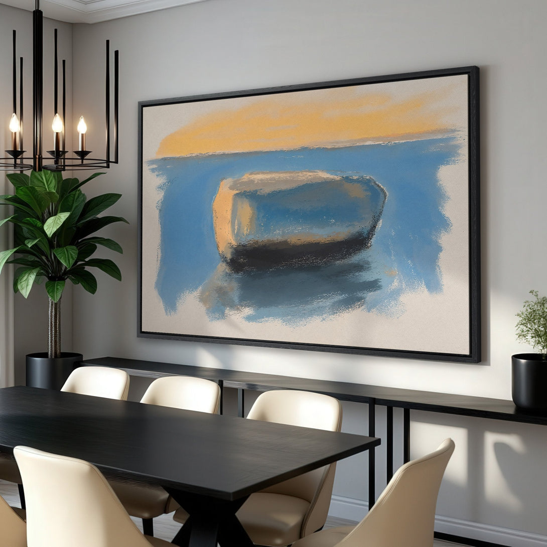 Framed Wall Art: Abstract boat painting in blue, yellow, and neutral tones. Modern art canvas print perfect for a dining room or living space.
