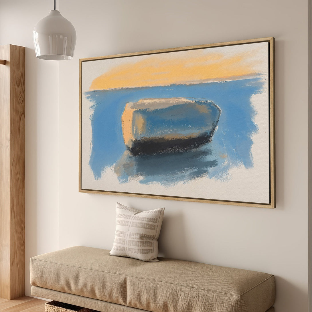 Framed Wall Art: Abstract boat painting in blue, yellow, and neutral tones. Modern art for a calming interior. Canvas Print decor.
