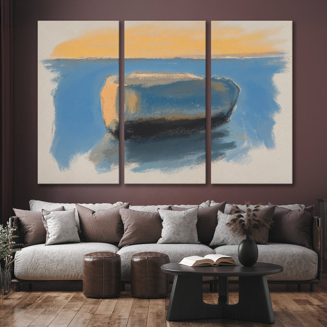 Abstract Canvas Print of a boat in blue and yellow, perfect for living room decor. Modern art with a calming color palette.