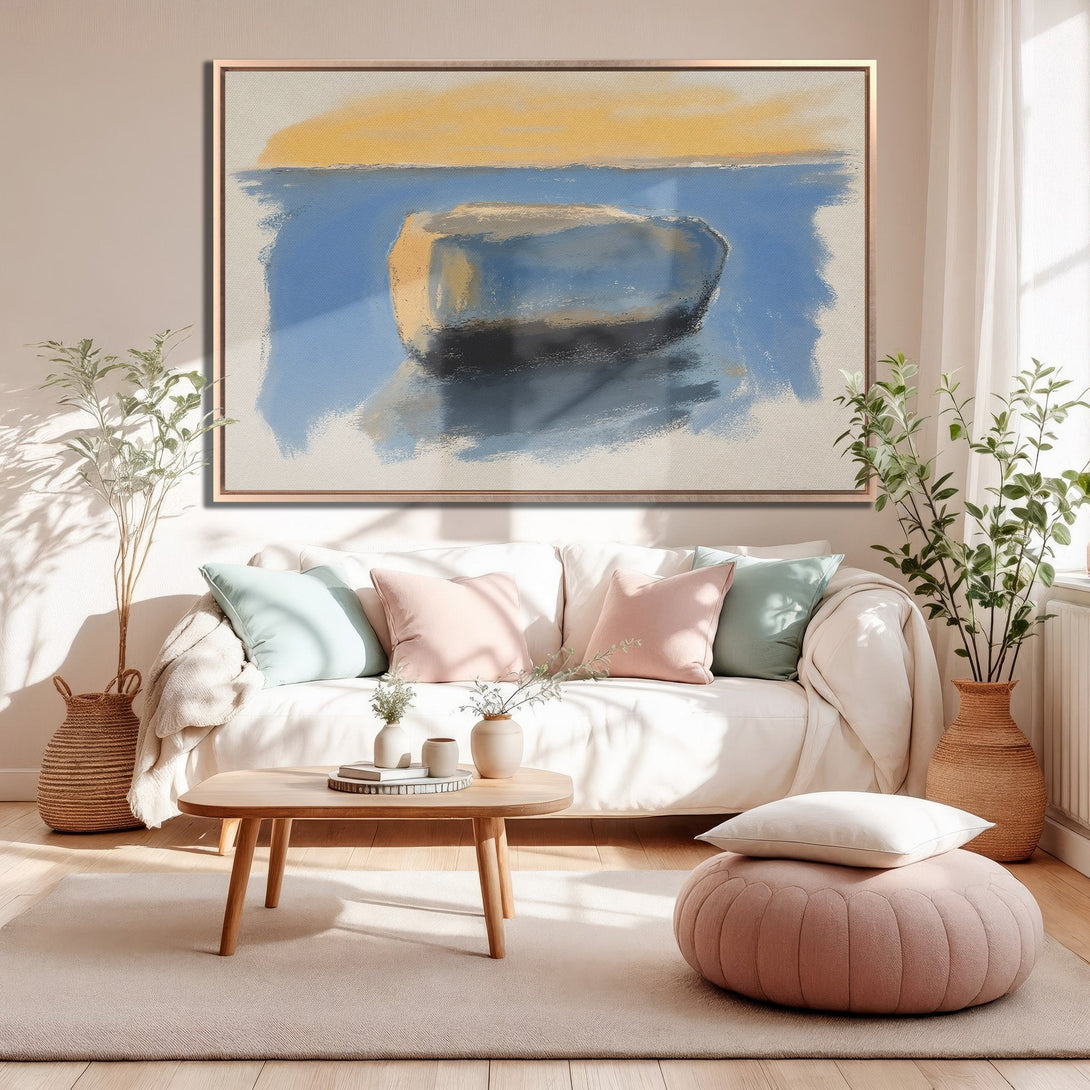 Framed Wall Art: Abstract boat painting with blue, yellow, and neutral tones. Modern art canvas print adds a touch of elegance to any living room.