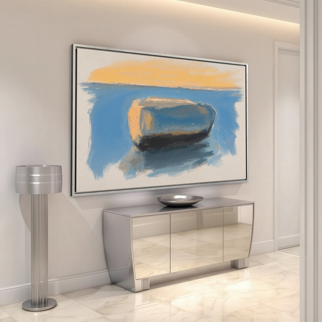 Framed Wall Art: Abstract boat painting in blue, yellow, and neutral tones. Modern art for home decor. Enhance your space with this canvas print.