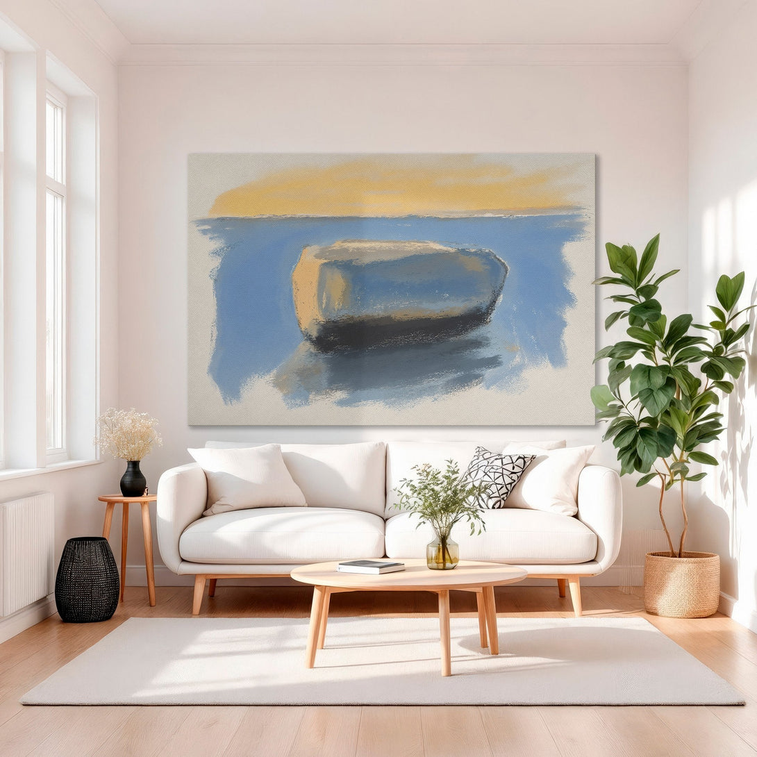 Framed Wall Art: Abstract boat painting in blue, yellow, and beige. Modern art style Canvas Print displayed in a luxury interior setting.