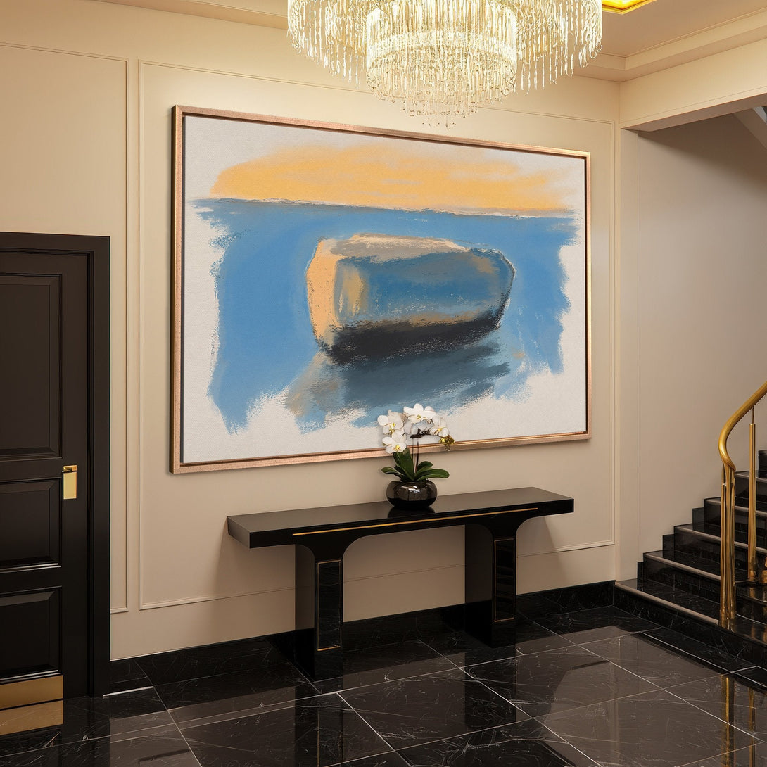 Framed Wall Art: Abstract landscape canvas print in blue, yellow, and gray tones, displayed in a luxurious interior. Elevate your space!