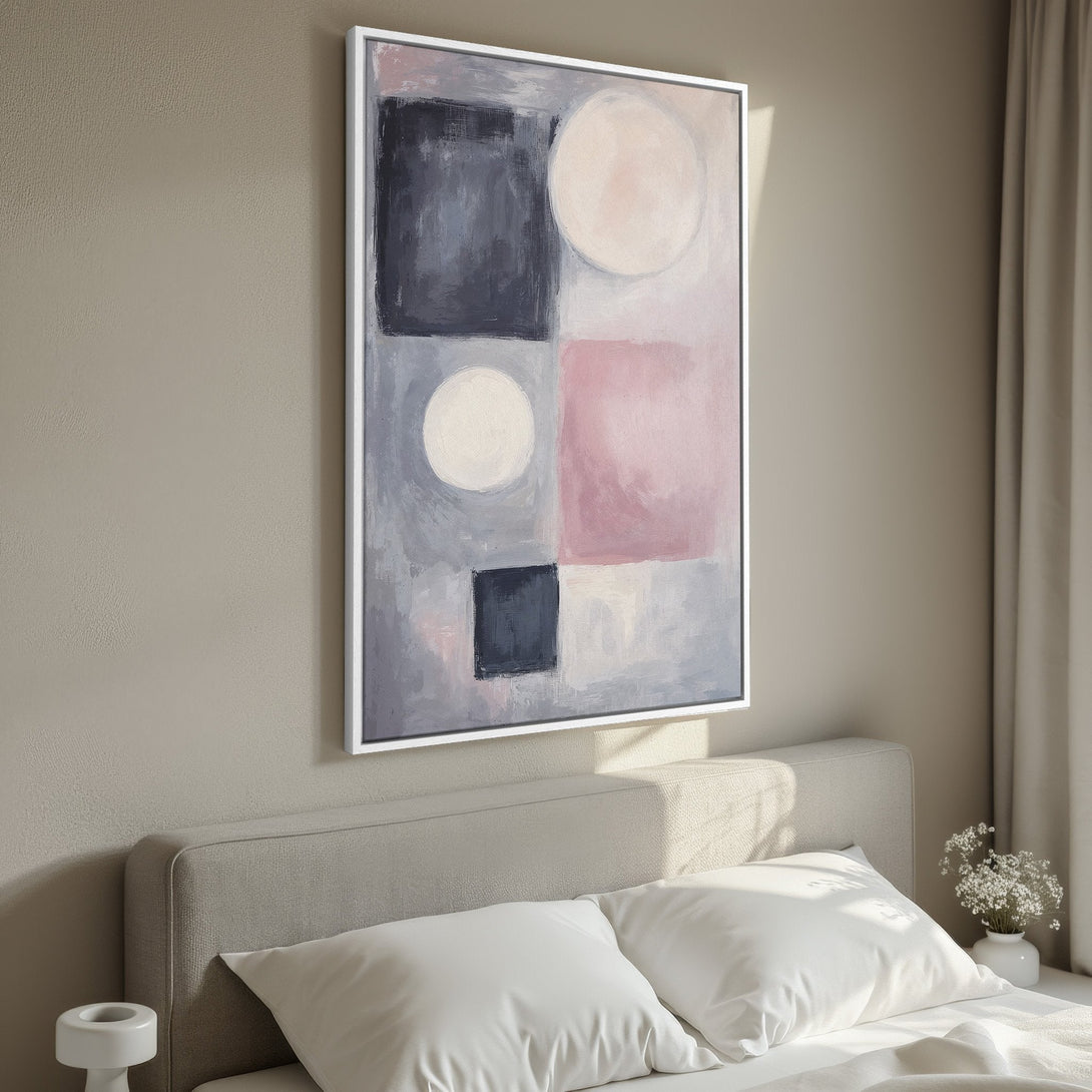 Framed Wall Art: Abstract geometric art print in a modern bedroom. Features a soft color palette of gray, pink, and white. Perfect for adding style to your space!