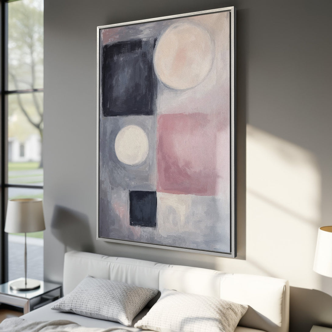 Framed Wall Art: Abstract geometric canvas print in soft pink, gray, and black. Modern art for bedroom decor.