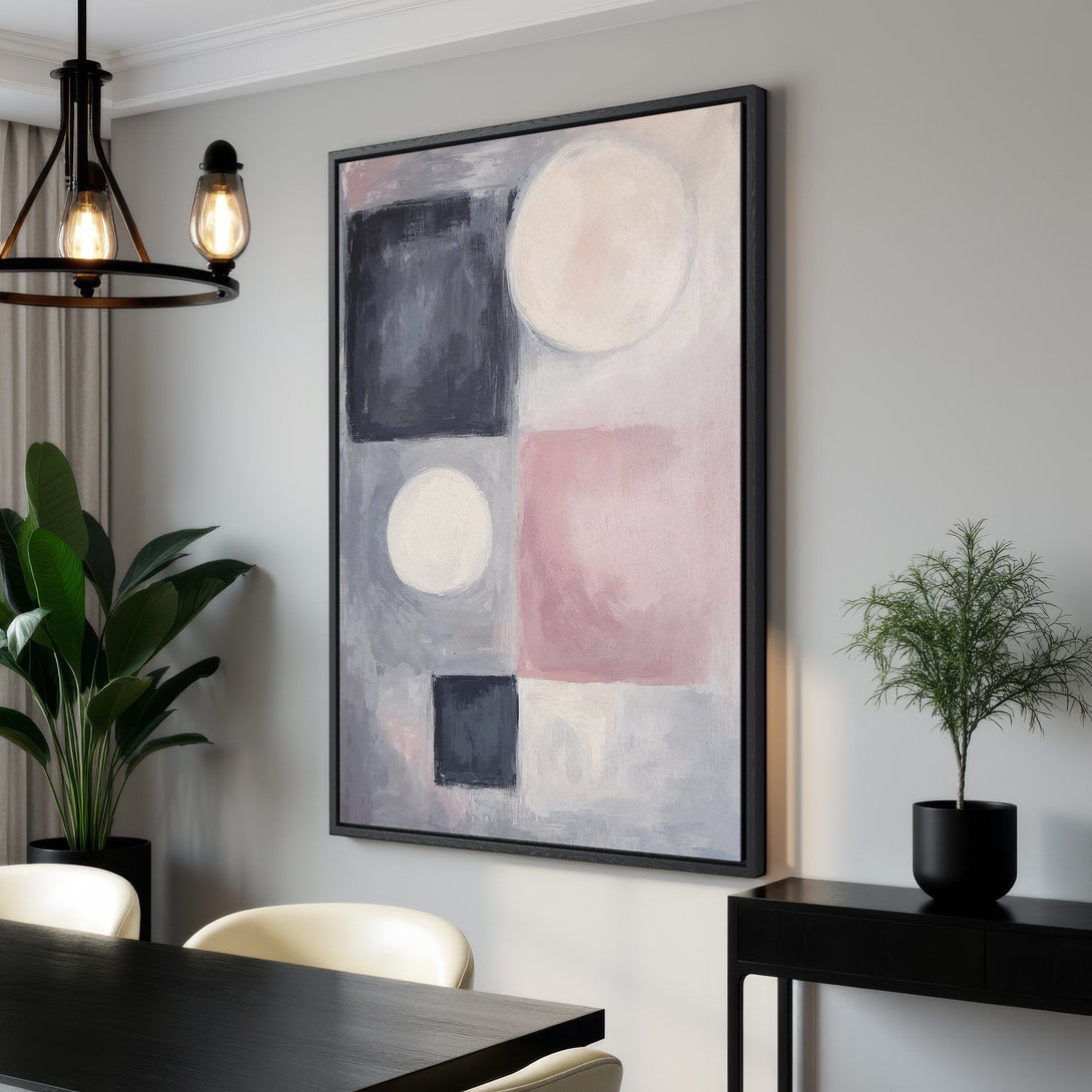 Framed Wall Art: Abstract geometric Canvas Print in soft pinks, grays, and black. Modern art for living room or dining room decor.