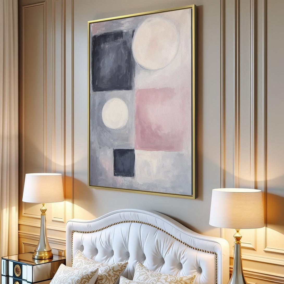 Abstract Canvas Print art in a modern interior, featuring a geometric design with gray, pink, and white hues. Perfect for minimalist decor.