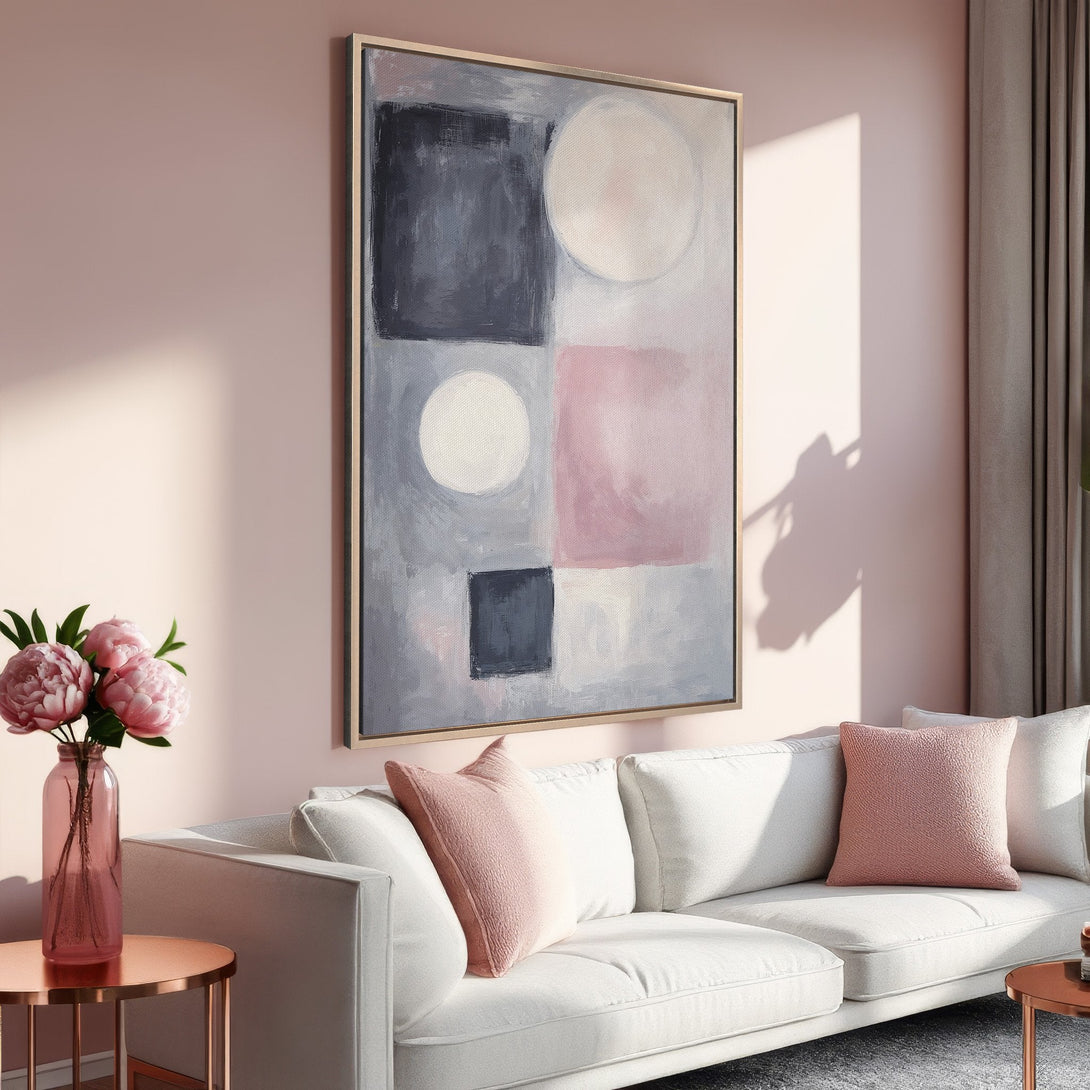 Framed Wall Art: Abstract painting in blush, gray, and white. Modern art for a stylish living room. Enhance your space with this beautiful canvas print.