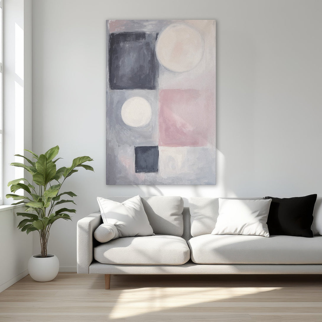 Framed Wall Art: Abstract geometric canvas print in blush, gray, and black. Modern art for bedroom decor.