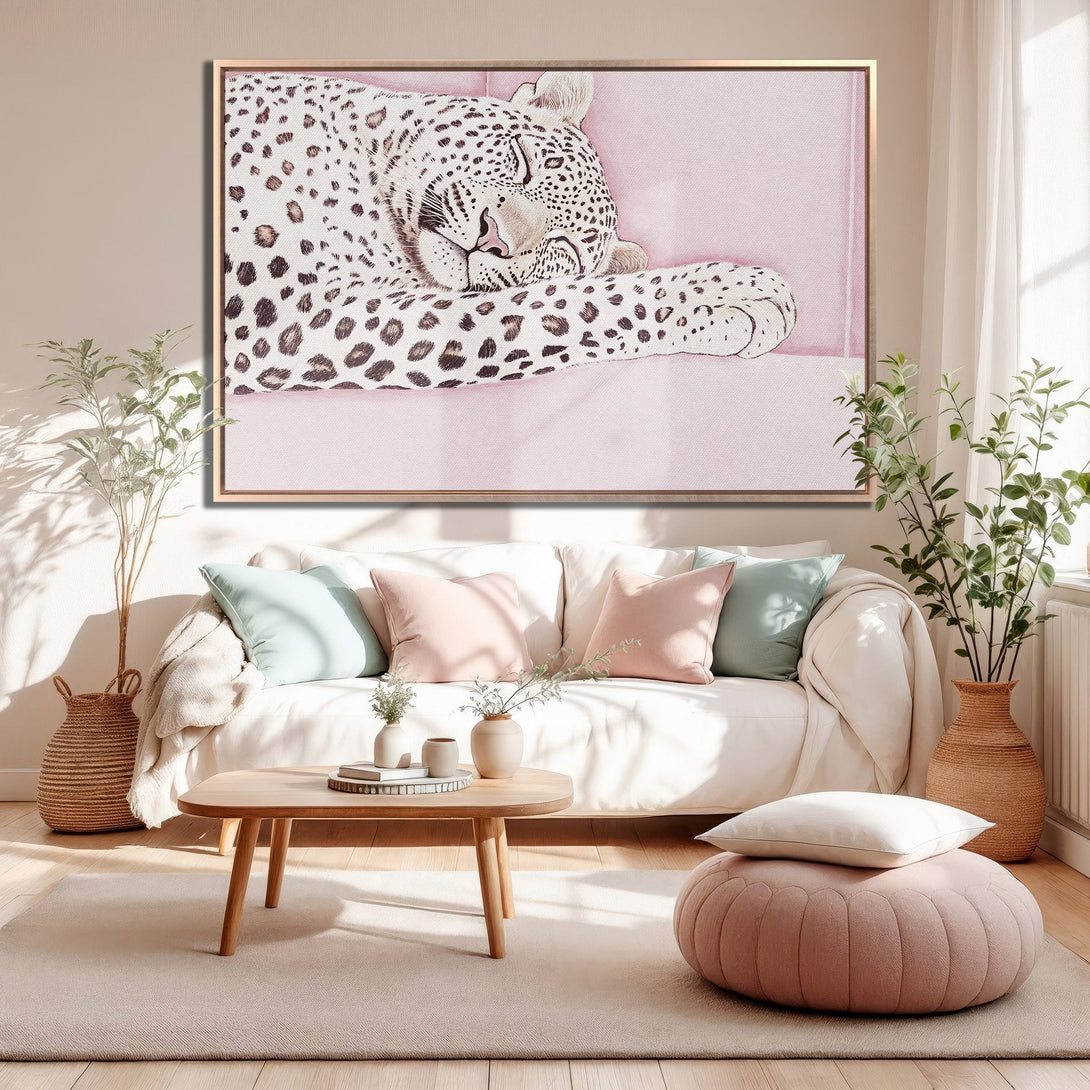 Framed Wall Art featuring a watercolor leopard in a soft pink and neutral palette, perfect for adding a touch of elegance to any room.