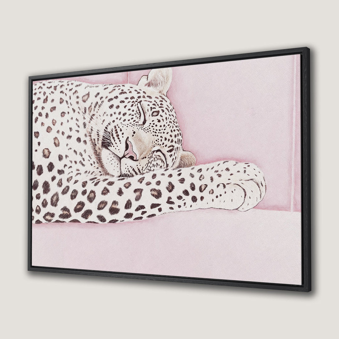 Framed Wall Art of a sleeping leopard in a soft, artistic style. Features a pink and neutral color palette, perfect for adding a touch of elegance.