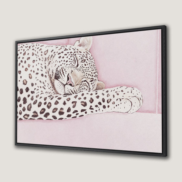 Framed Wall Art of a sleeping leopard in a soft, artistic style. Features a pink and neutral color palette, perfect for adding a touch of elegance.