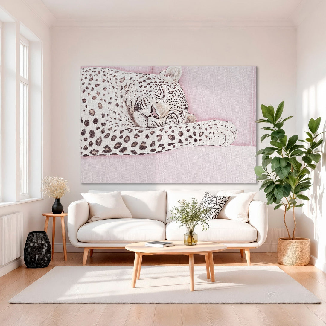 Framed Wall Art: Chic leopard Canvas Print in a modern interior. Soft pink and neutral tones create a stylish and elegant aesthetic. Shop now for home decor!
