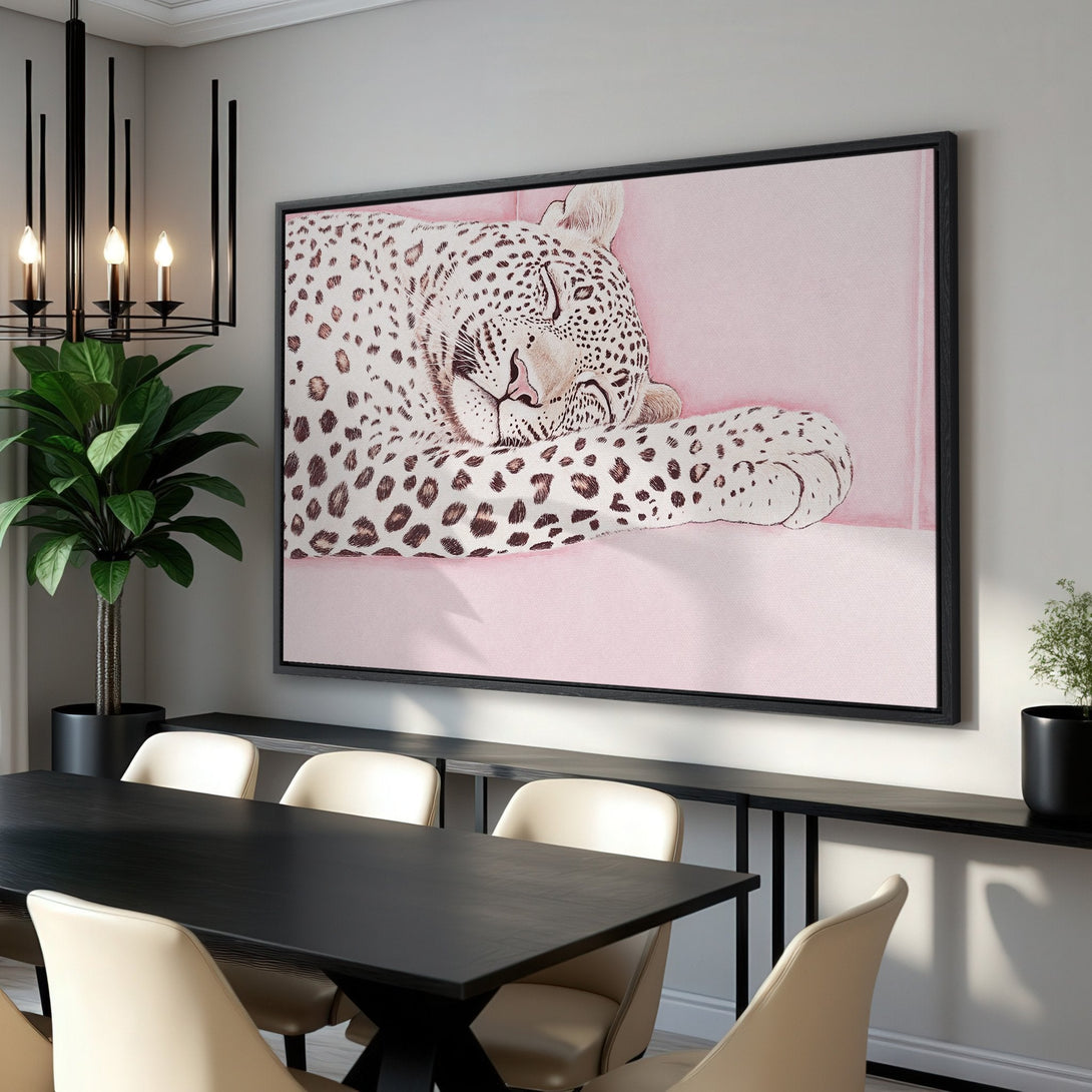 Framed Wall Art: Watercolor leopard print in pink and neutral tones. Stylish canvas art for modern home decor.