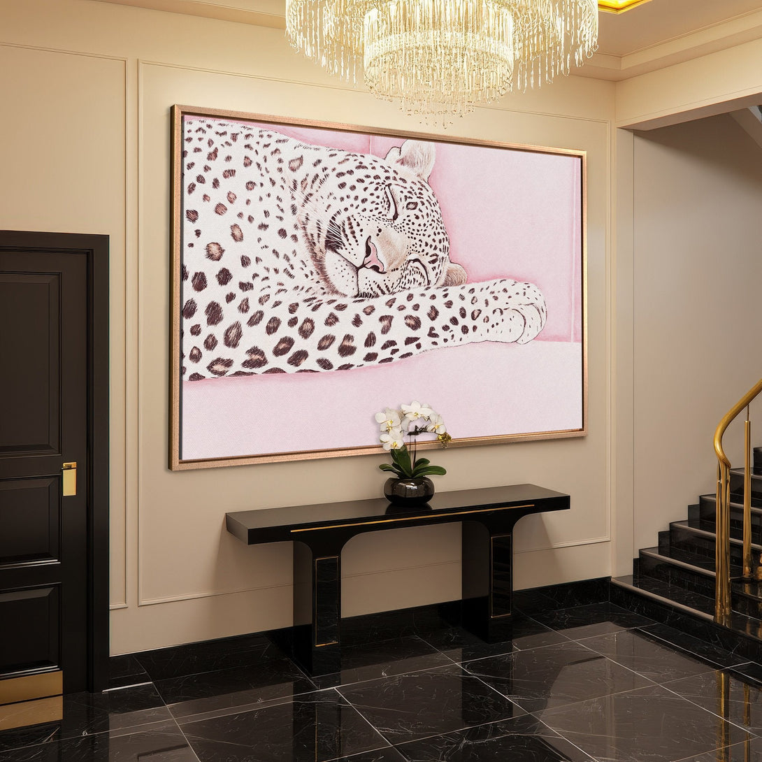 Framed Wall Art: Relaxing leopard print canvas print in pink & neutral tones. Perfect for adding a touch of luxury & style to any space.