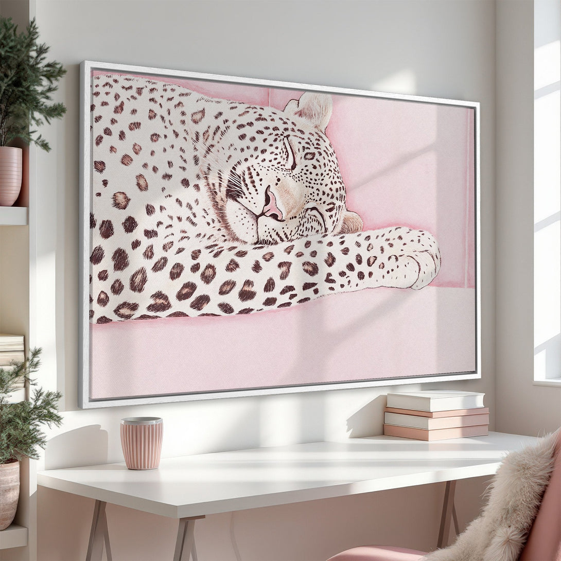 Framed Wall Art: Watercolor leopard print in soft pink and neutral tones. Perfect for adding a touch of elegance to your home decor.