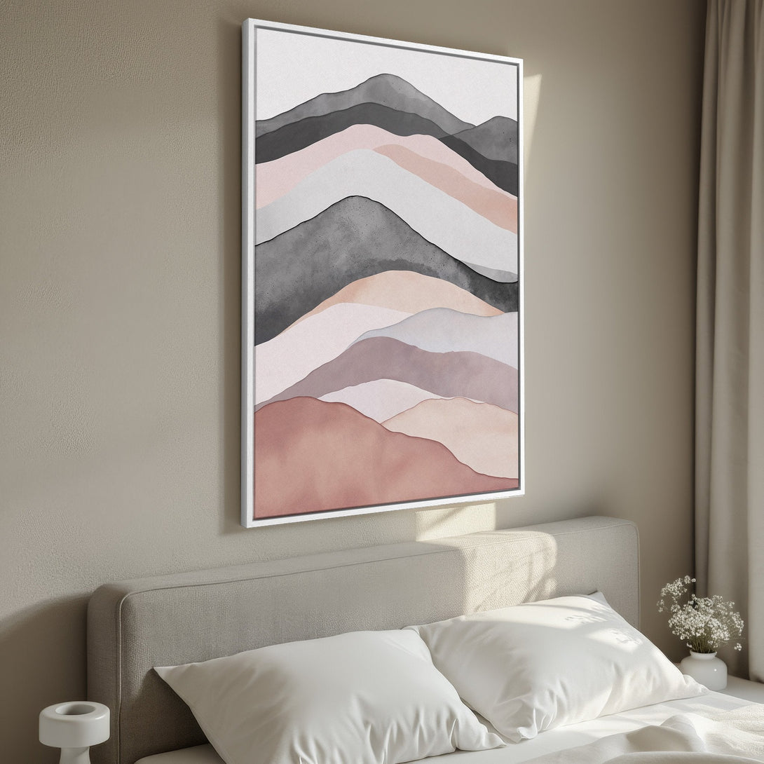 Framed Wall Art: Abstract mountain landscape in muted pink, gray, and beige tones. Modern art print perfect for bedroom decor.