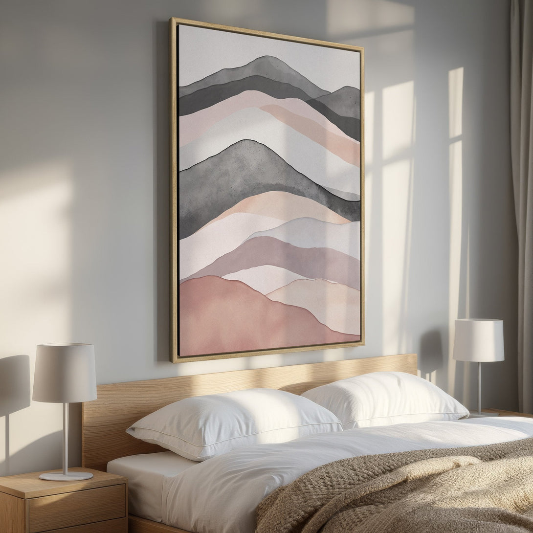 Framed Wall Art: Abstract mountain landscape in muted pinks, grays, and whites. Modern art for a serene bedroom. Shop Canvas Prints for home decor!