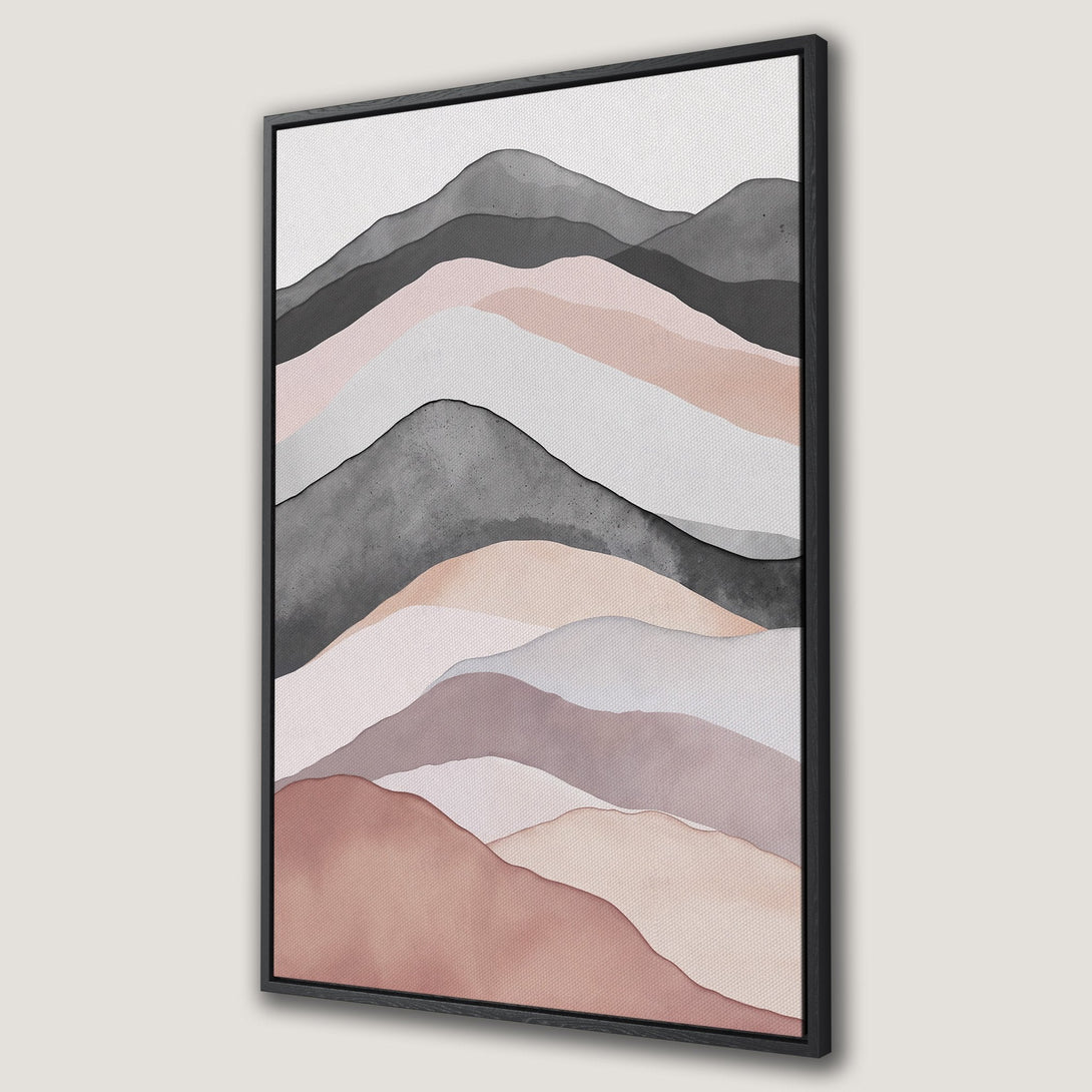 Framed Wall Art featuring a watercolor mountain landscape in neutral tones of gray, pink, and beige. Modern and minimalist Canvas Print for home decor.