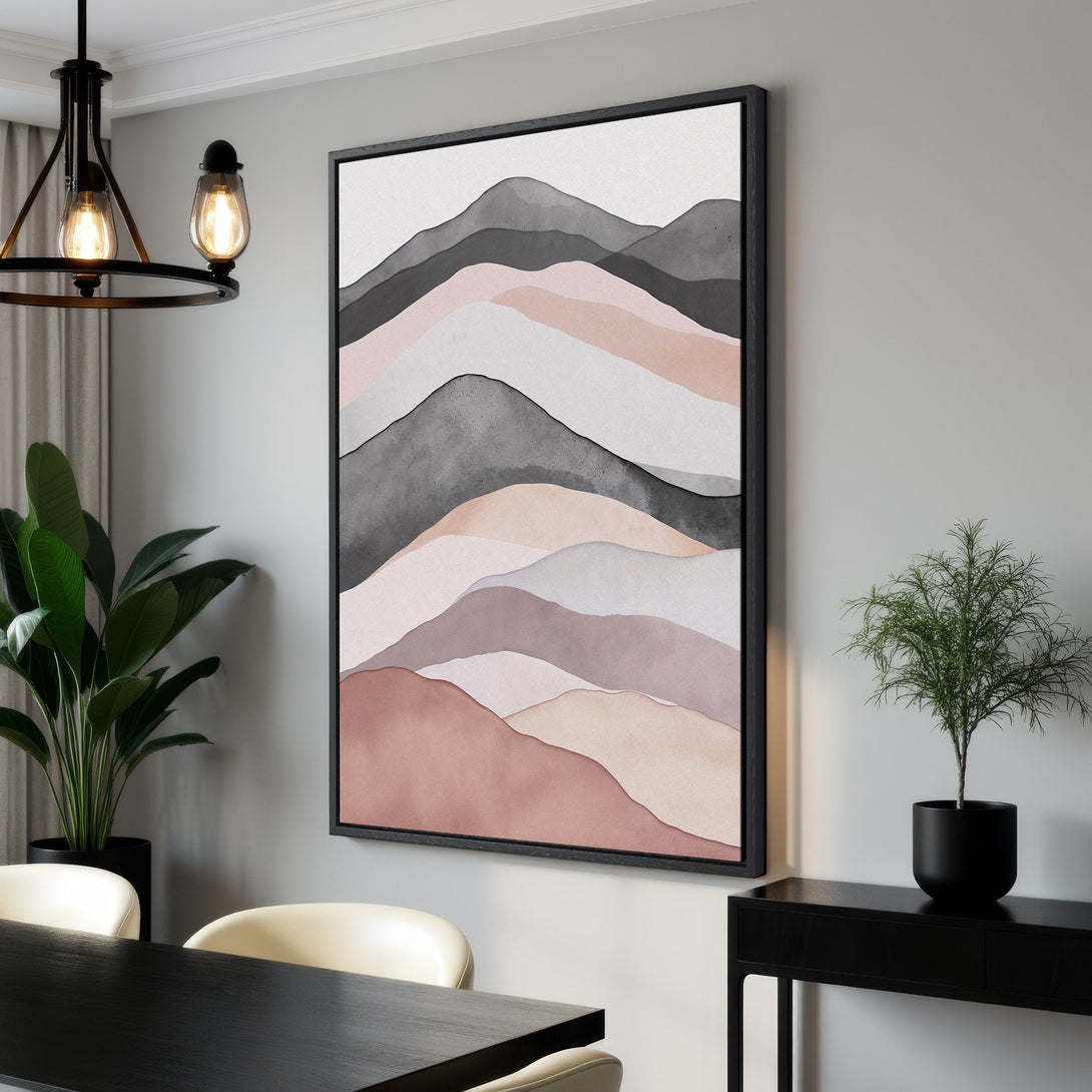 Framed Wall Art featuring abstract mountain landscape in watercolor style. Soft blush, gray, and neutral tones create a calming and modern interior design.
