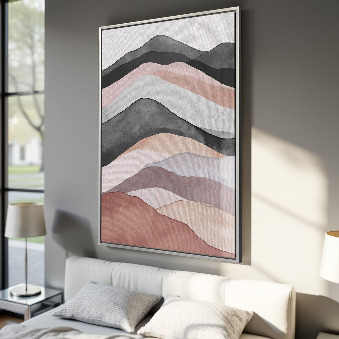Framed Wall Art featuring abstract watercolor mountains in a neutral color palette of pinks, grays, and browns. Perfect for modern bedroom decor.