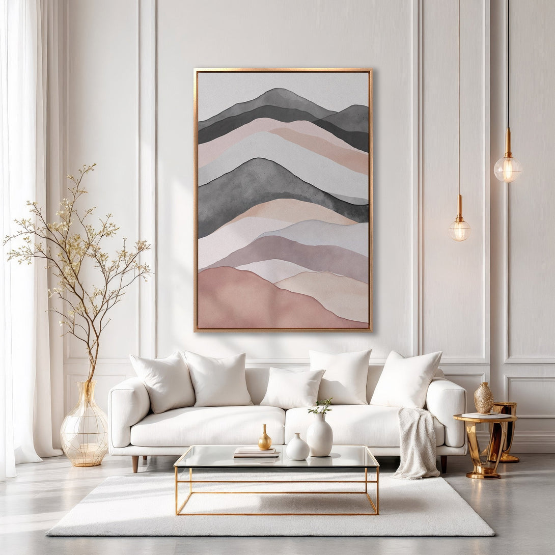 Framed Wall Art: Abstract mountain landscape in neutral tones. Modern art print with a calming, minimalist aesthetic, perfect for any living room.