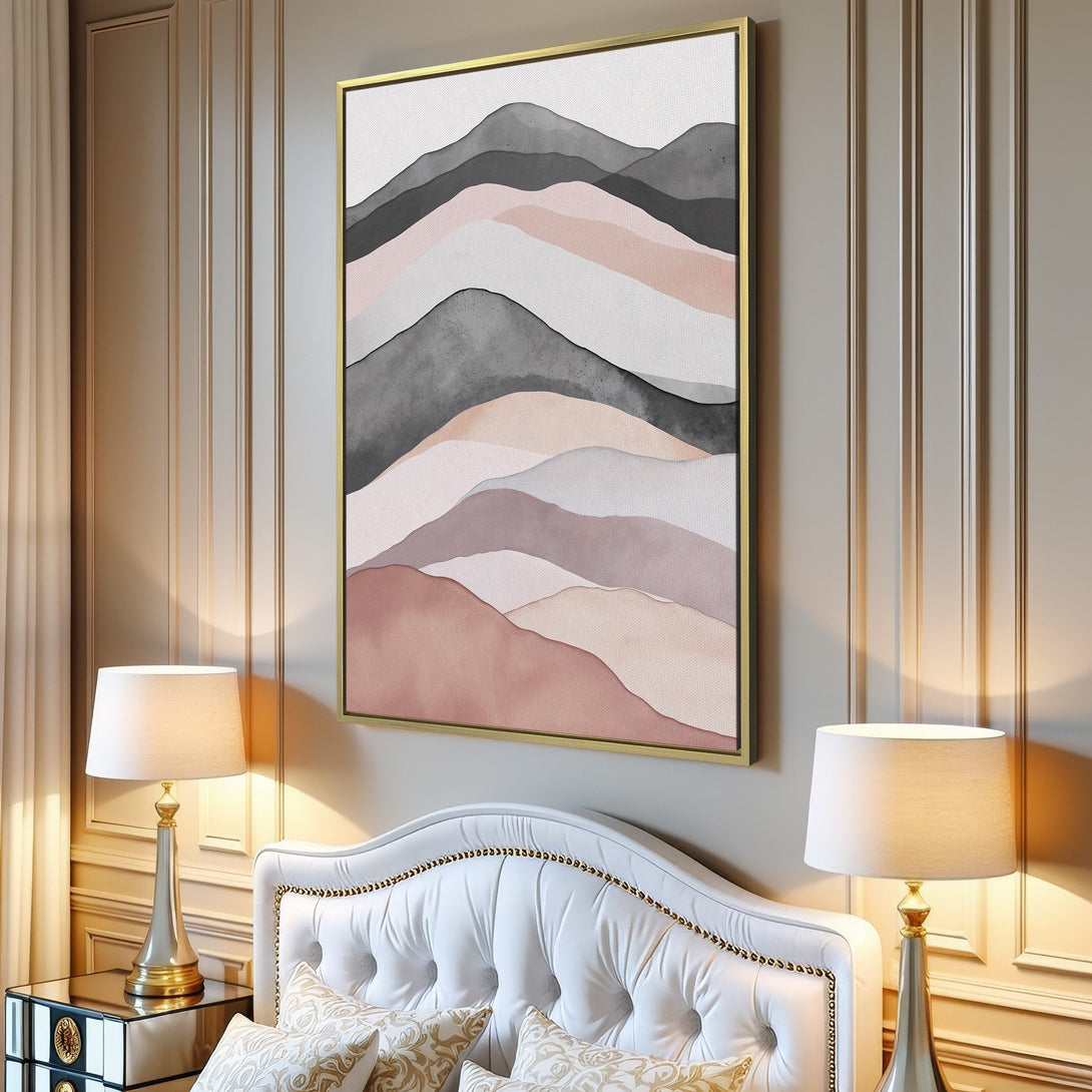 Abstract mountain Canvas Print in neutral tones, perfect for modern home decor. Features a soft, watercolor style with a blush and gray color palette.