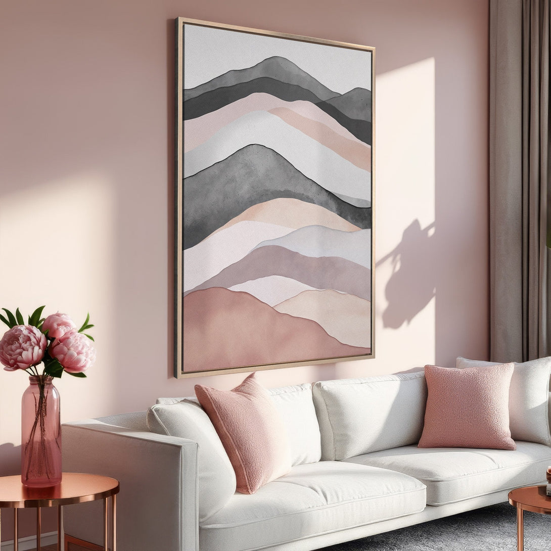 Framed Wall Art featuring an abstract watercolor mountain landscape in a soft blush and gray color palette, perfect for adding a touch of elegance.