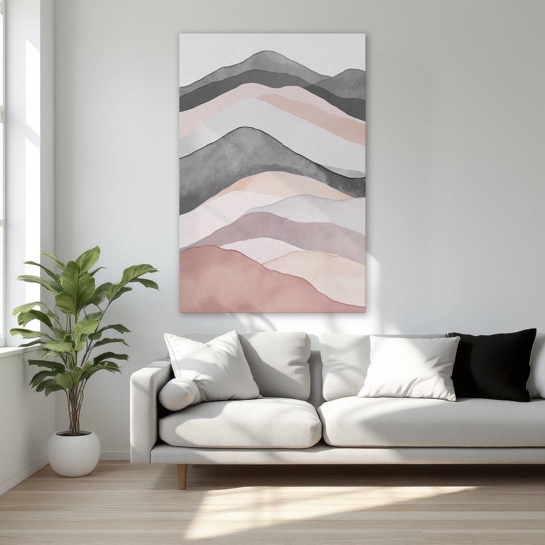Framed Wall Art: Abstract mountain landscape in blush, gray, and neutral tones. Modern canvas print adds elegance to any interior. Shop now!