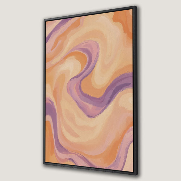 Framed Wall Art Canvas Print featuring an abstract, flowing design in warm peach and purple tones, perfect for adding a touch of modern art to your space.