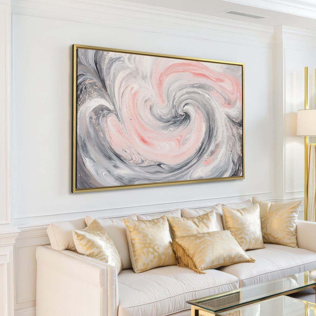 Abstract Canvas Print in a modern living room, featuring a swirl design with gray, white, and blush pink tones. Elevate your space!