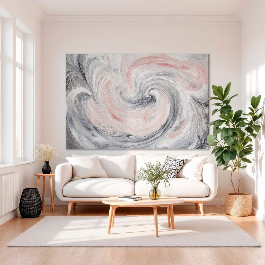 Framed Wall Art: Abstract swirl design in pink, gray, and white. Modern canvas print adds elegance to any living room. Shop now for stylish wall decor!