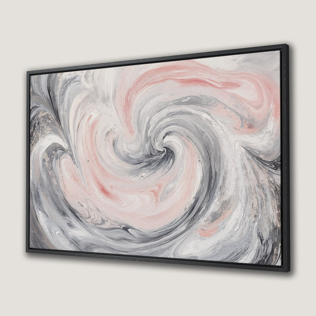 Framed Wall Art featuring abstract swirl design in gray, pink, and white. Modern canvas print for a stylish interior.
