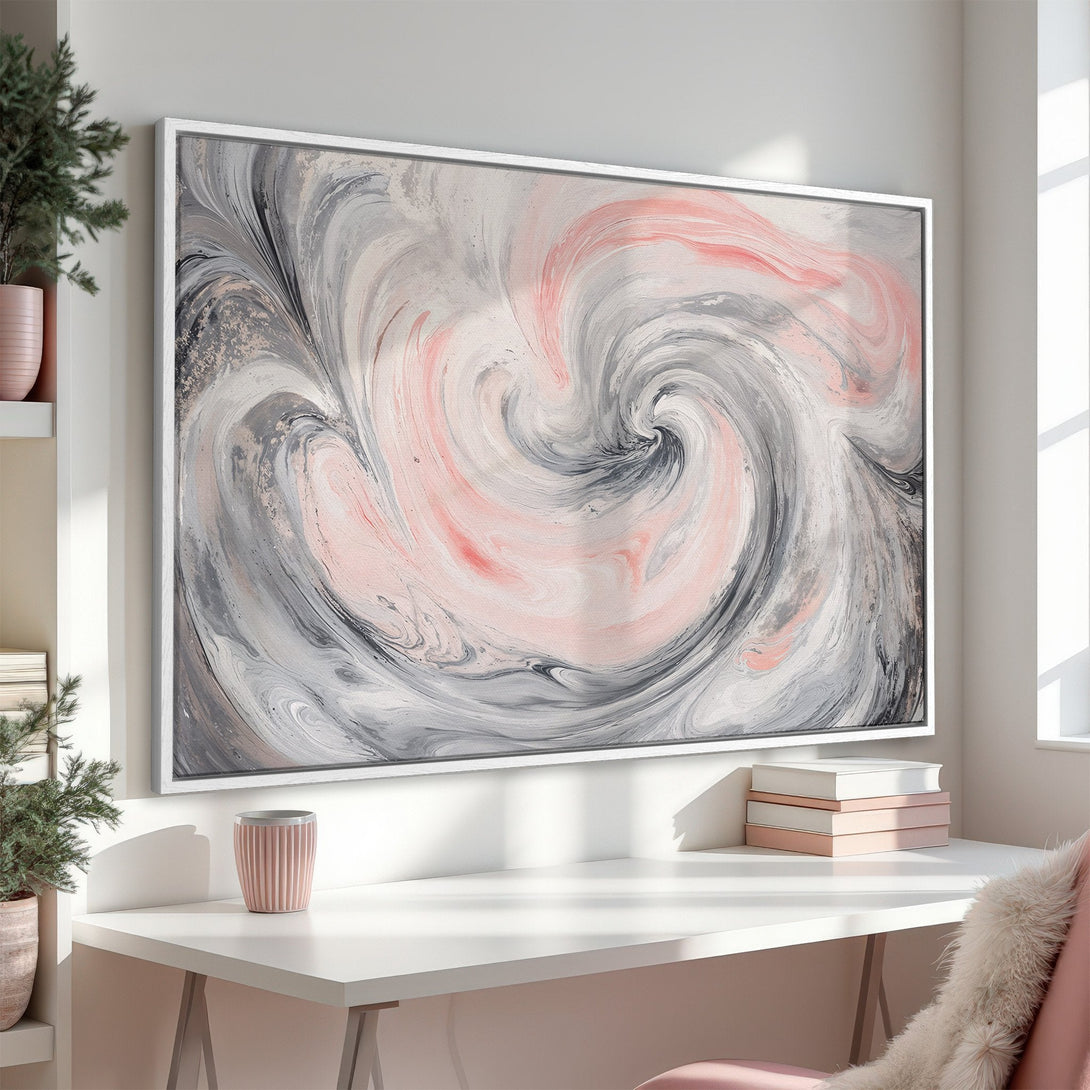 Framed Wall Art: Abstract swirl design in gray, pink, and white. Modern art canvas print perfect for home decor. Shop now!